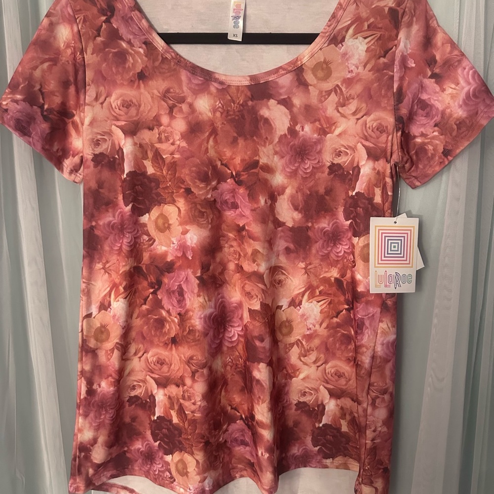 LuLaRoe Women's Floral Short Sleeve Top - Pink and Brown